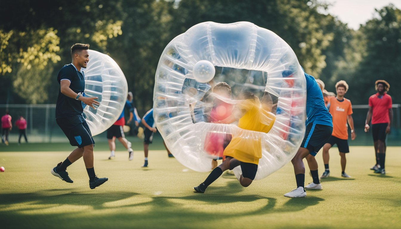 A diverse group of people playing bubble football in various cultural settings, showcasing different customs and traditions