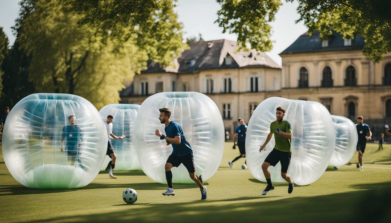 A group of people play bubble football in a scenic European park, surrounded by lush greenery and historic architecture