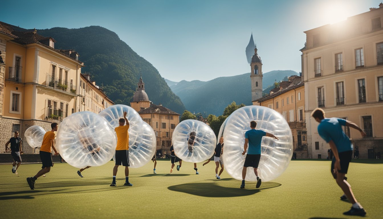 A group of people playing bubble football in a scenic European location, with various vacation destinations and landmarks in the background