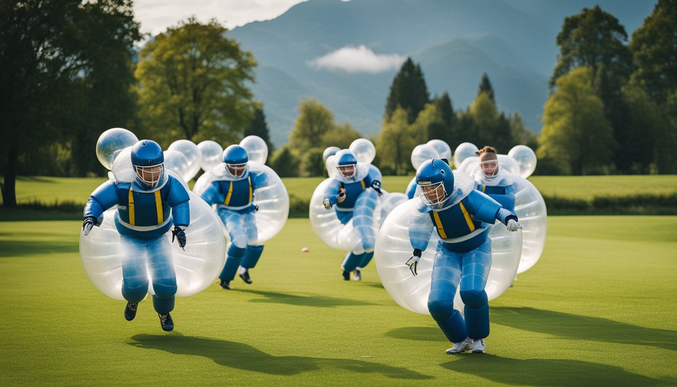 A group of players wearing inflatable bubble suits bumping into each other on a grass field, with laughter and excitement in the air