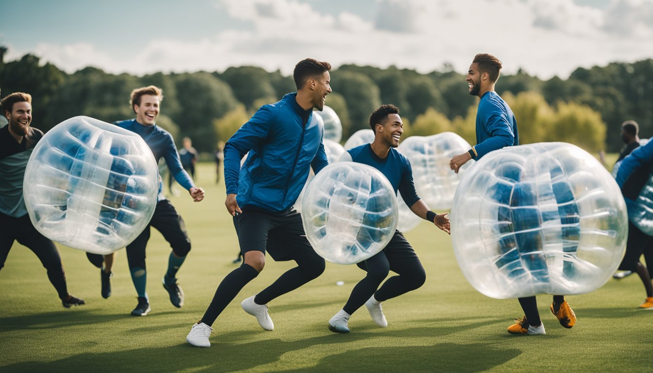 A group of people playing bubble football on a grass field, bumping into each other inside large inflatable bubbles. Laughter and excitement fill the air as they engage in team-building activities