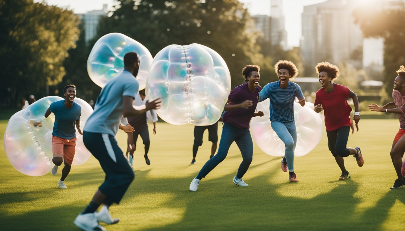 A group of diverse individuals playing bubble football in a large, grassy field, with colorful bubbles bouncing and colliding as they run and laugh