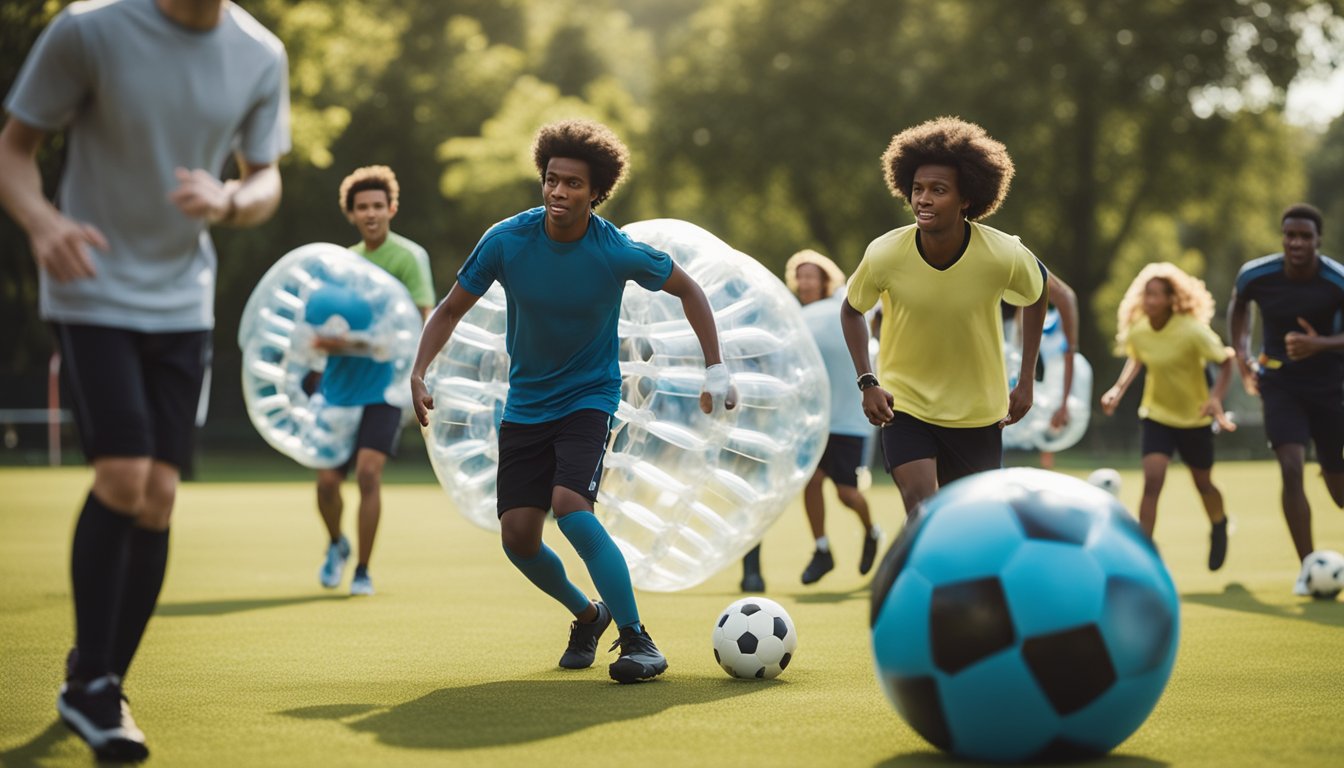 A group of diverse individuals of all ages playing bubble football in a park, showing the physical and social health benefits of the sport