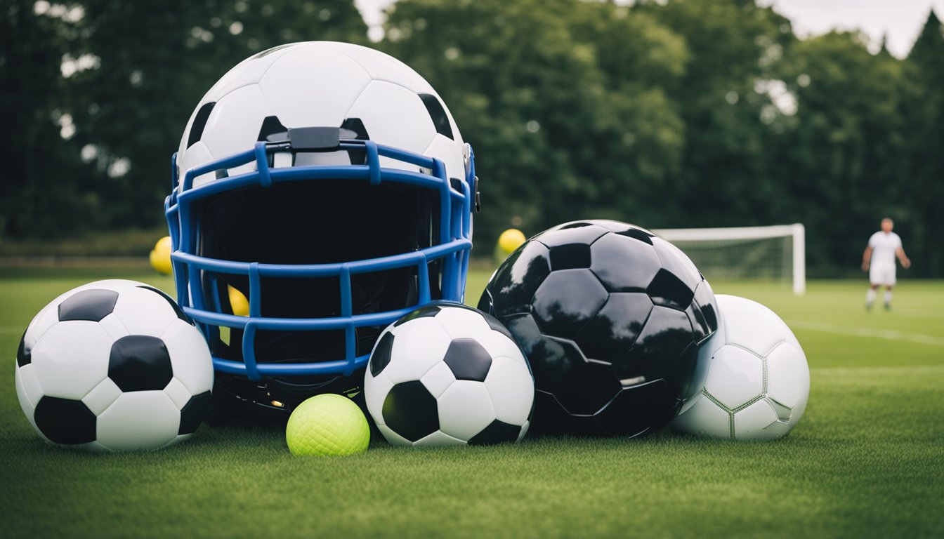 Players grabbing helmets, inflatable bubble suits, and soccer balls from a pile of gear on the grassy field before the bubble football match