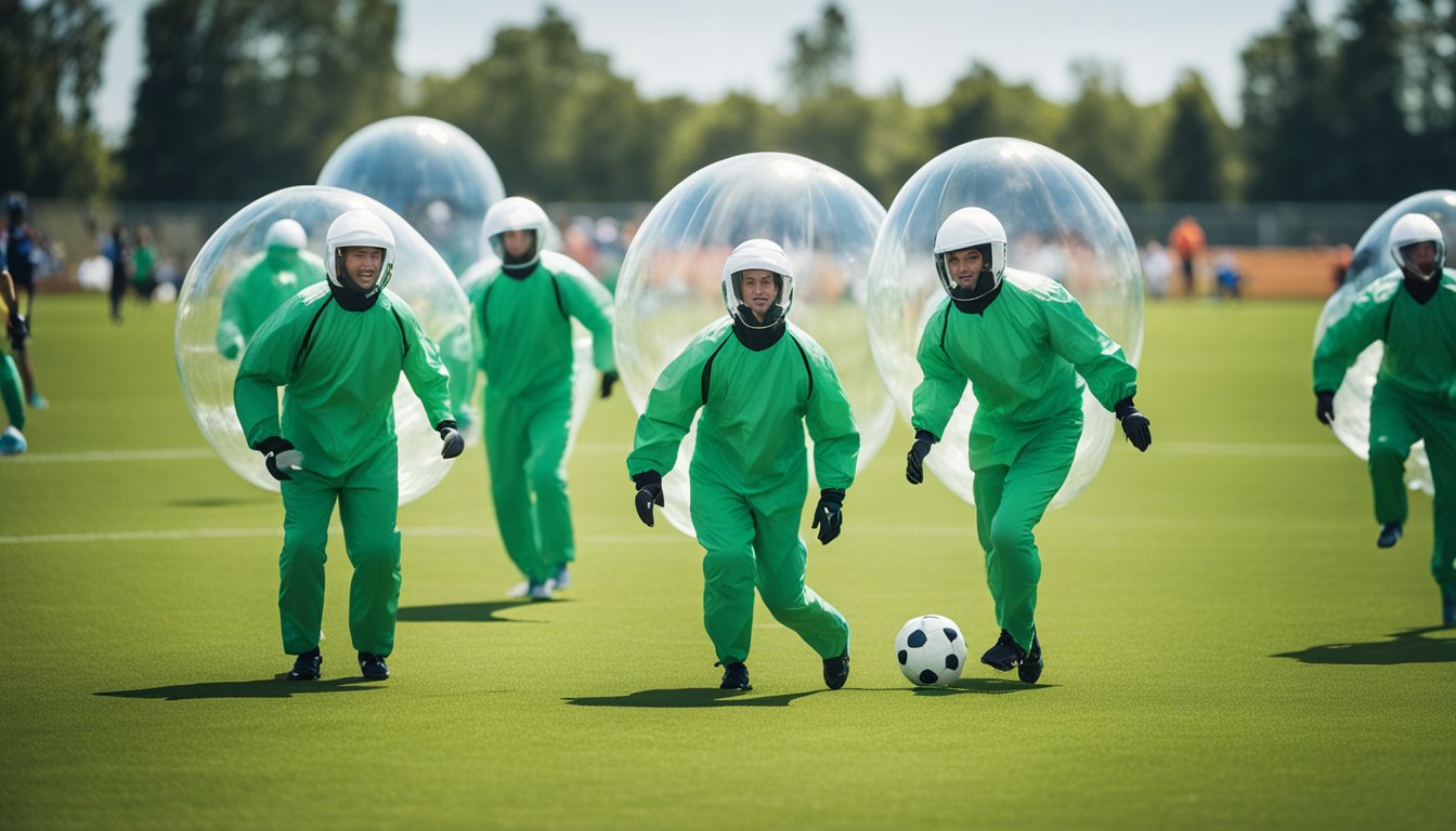 Players in bubble suits on a green field, kicking a soccer ball. Referee and spectators on the sidelines. Sunny day with blue sky