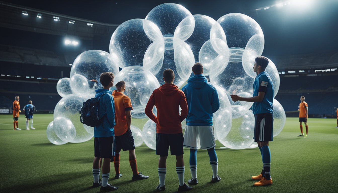 A group of players wearing bubble suits gather around a stack of equipment, including soccer balls and goal posts, while a large "Frequently Asked Questions" bubble hovers above them