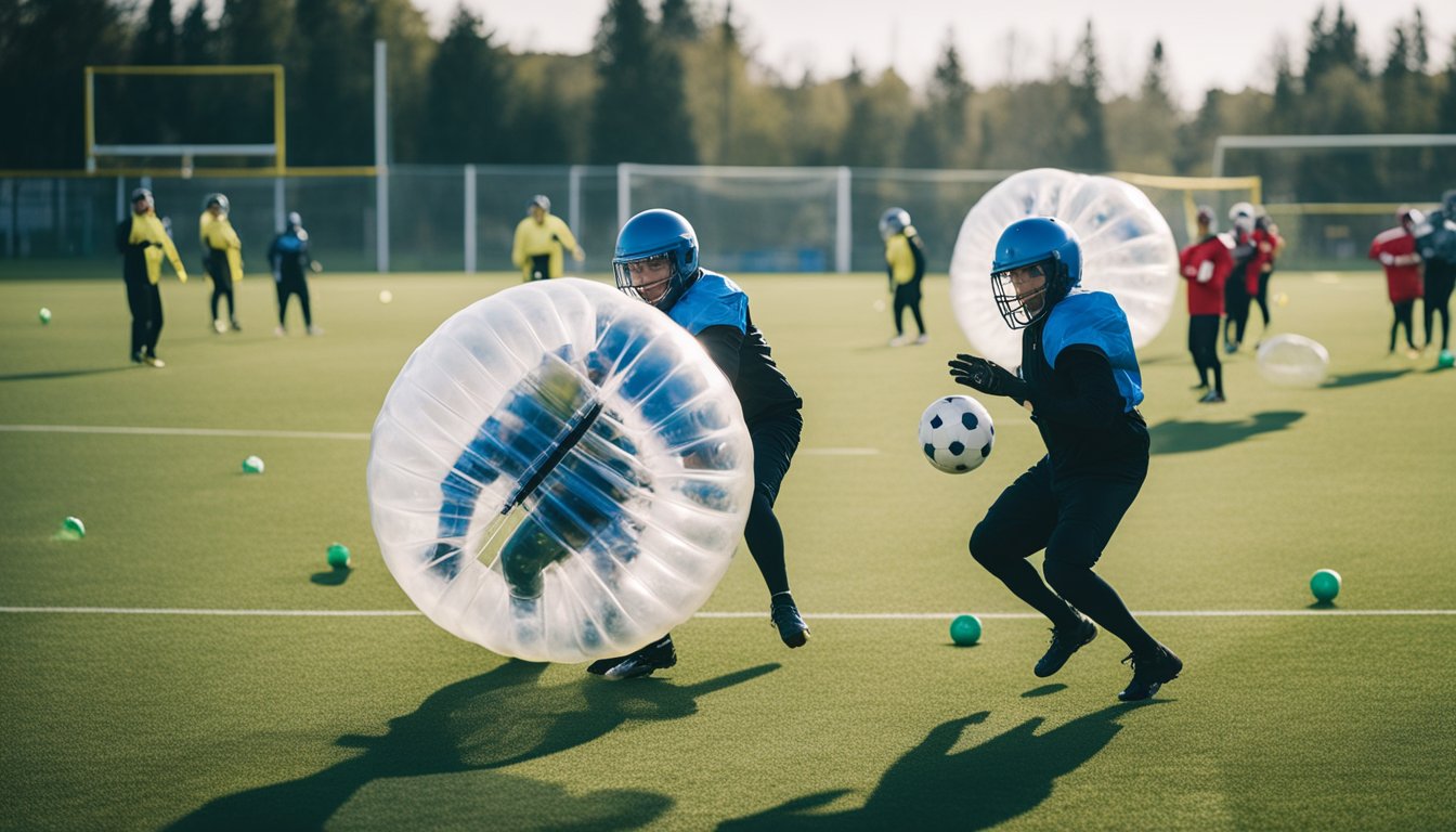 Players in bubble suits collide and bounce around a football field, laughing and cheering in a lively game of bubble football