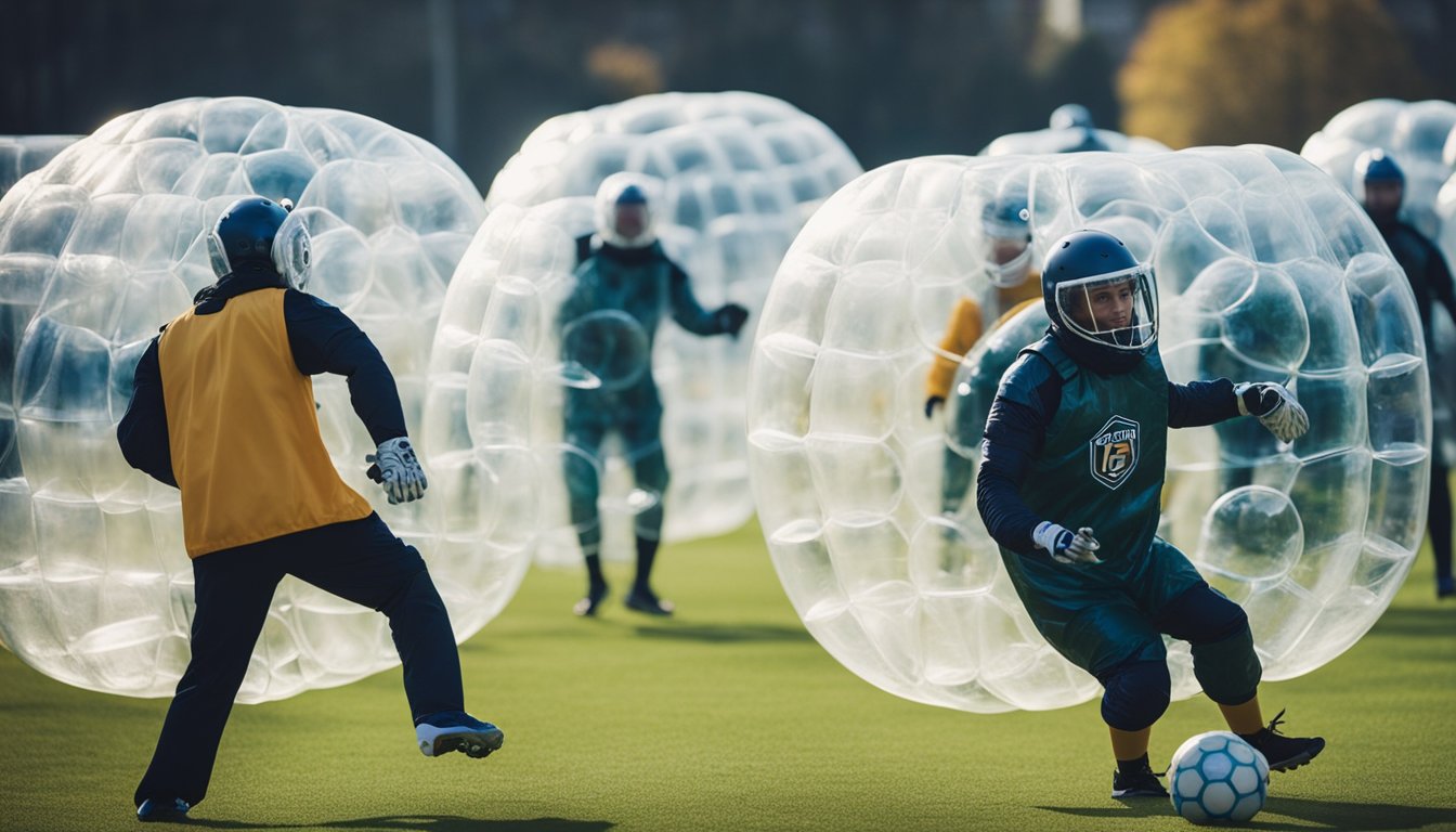 Players in bubble suits play bubble football in unconventional ways, like on ice or in a maze, while others watch and cheer