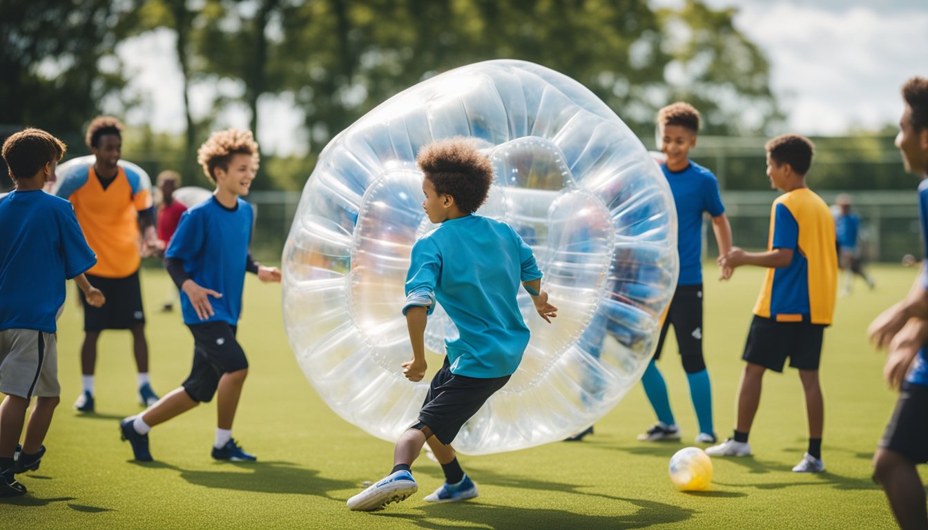 Players of all ages and skill levels enjoy a lively game of bubble football in a safe and fun environment, bouncing and colliding in their protective inflatable bubbles