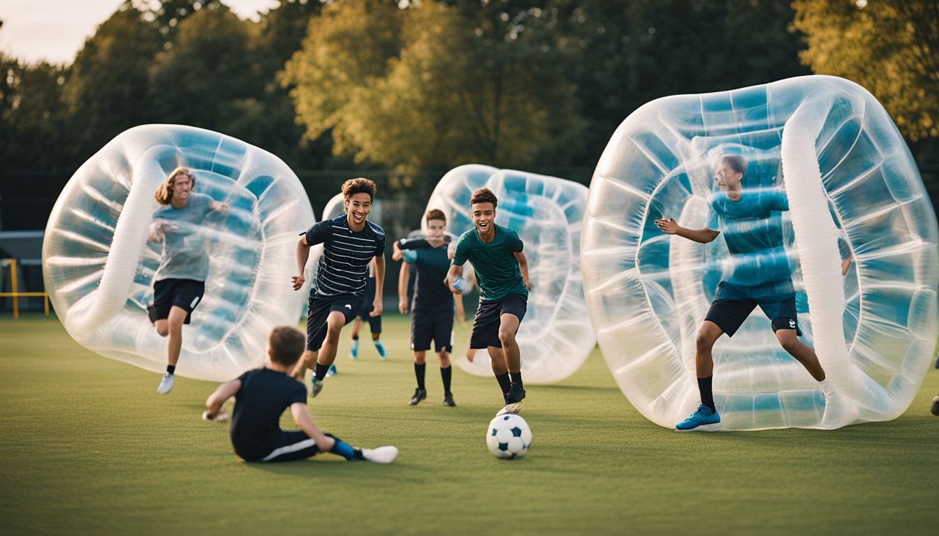 A group of players of all ages and skill levels enjoy a game of bubble football, bouncing and colliding inside their individual inflatable bubbles