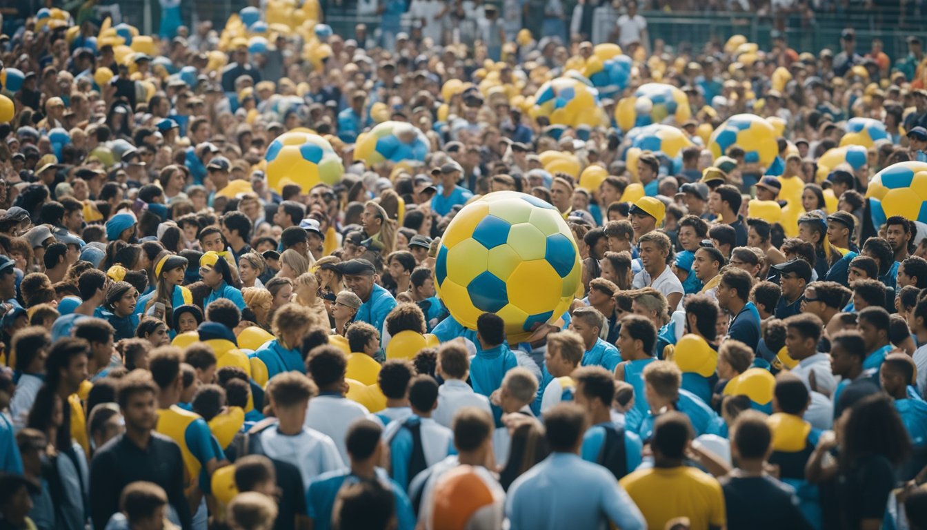 A crowded soccer field with players wearing inflated bubble suits, surrounded by cheering spectators and vendors selling merchandise