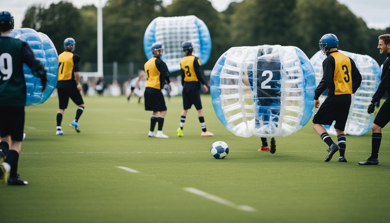 Players in bubble football gear on a UK sports field, engaged in a lively game with spectators cheering from the sidelines