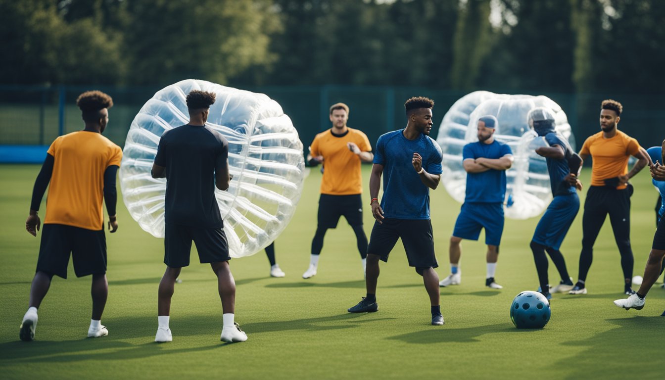 A group of players in bubble football gear follow a trainer's workout routine on a grass field