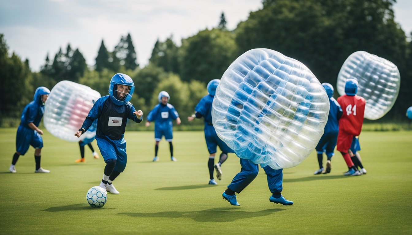 Players in bubble suits on a grass field, bumping into each other while playing bubble football, following the rules of the game