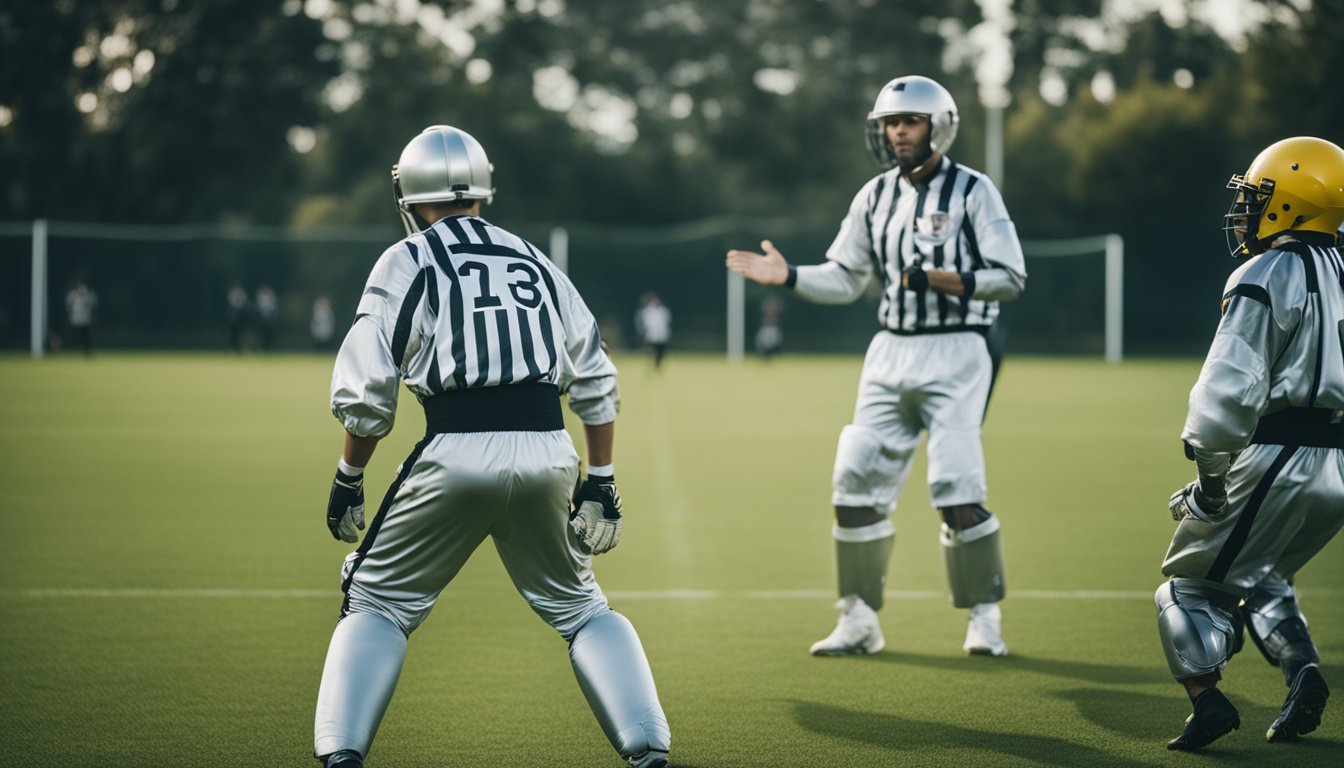 Players in bubble suits bumping into each other on a grass field with a referee overseeing the game