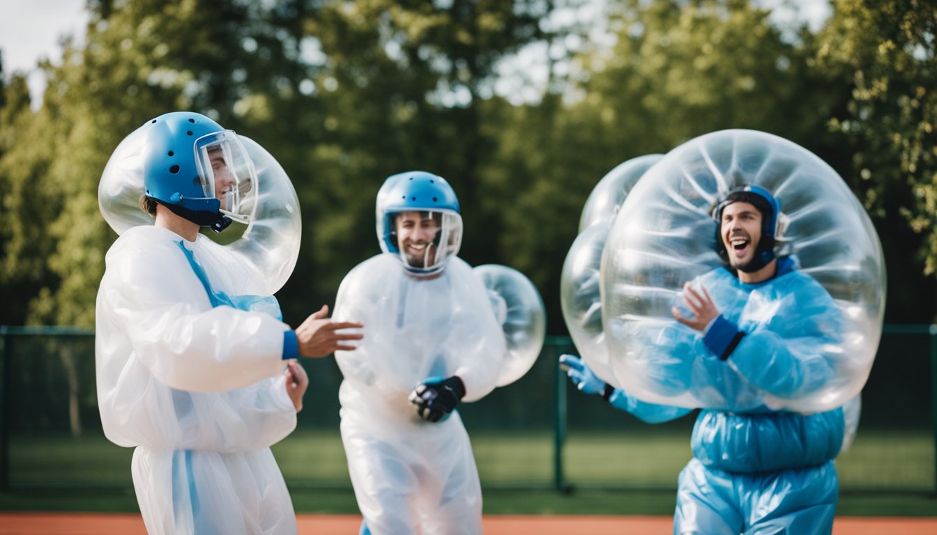 A group of players in bubble suits engage in a game, following the rules of bubble football etiquette. They laugh and collide as they enjoy the unique sport