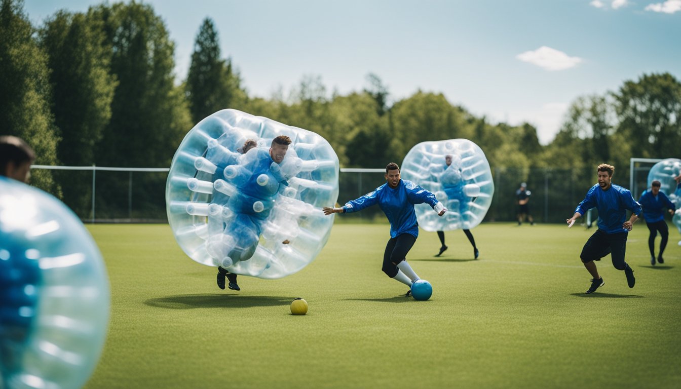 A group of players wearing bubble suits collide and bounce off each other while playing bubble football on a grassy field