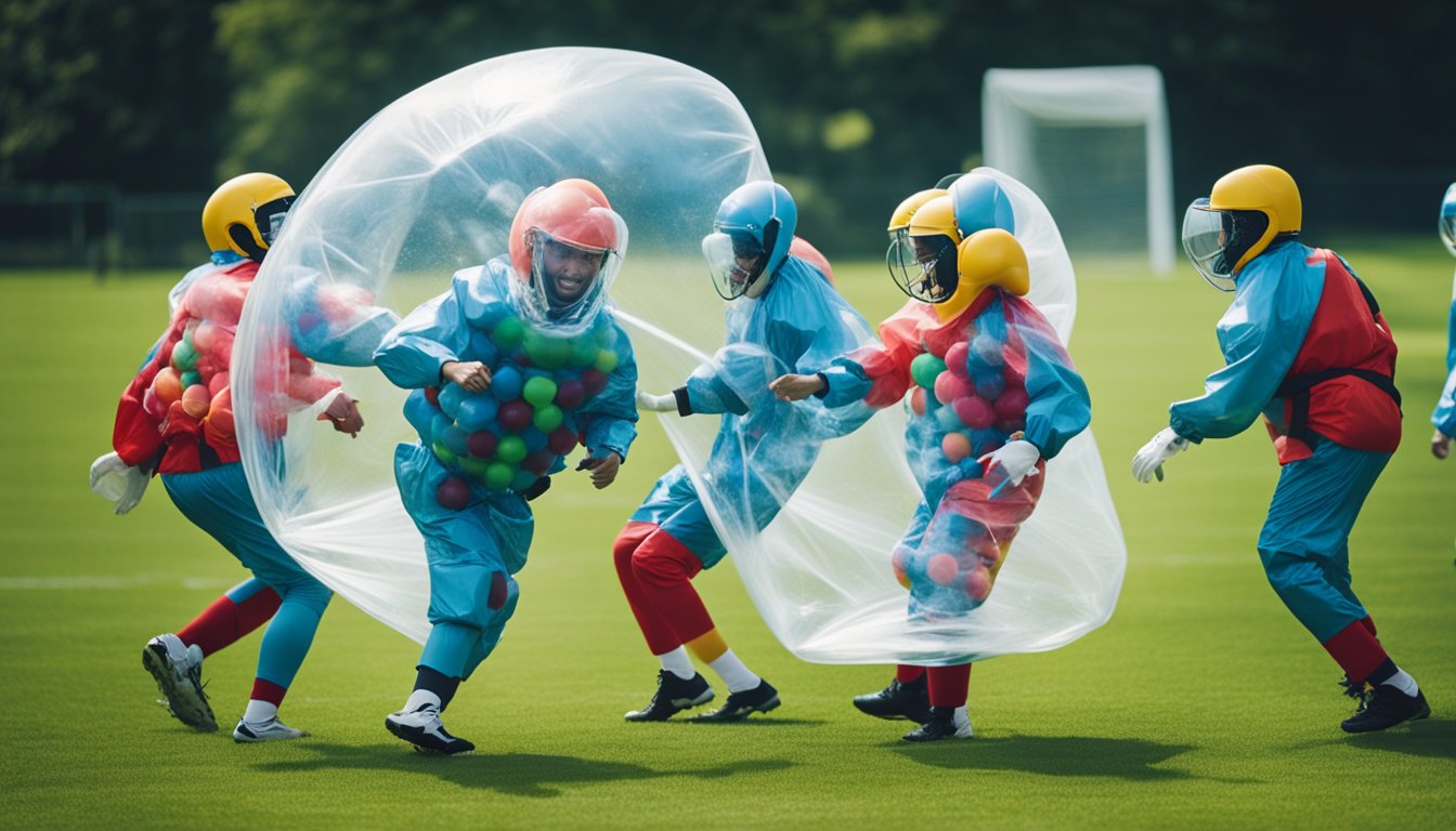 Players in bubble suits engage in a lively game, bouncing and colliding on a grassy field. Laughter and camaraderie fill the air