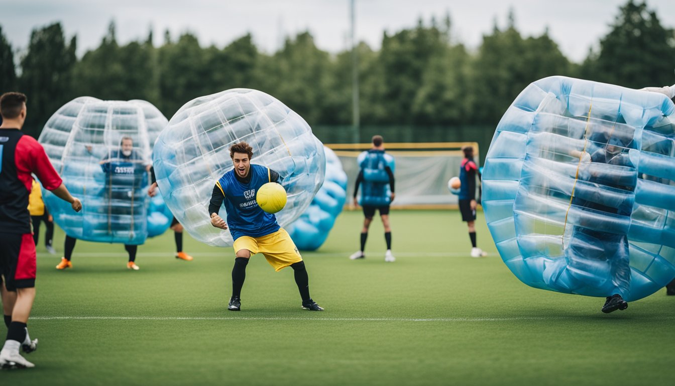 Players in bubble suits engage in a game of bubble football on a grass field, with safety barriers set up around the perimeter. A variety of healthy food and drink options are available on the sidelines